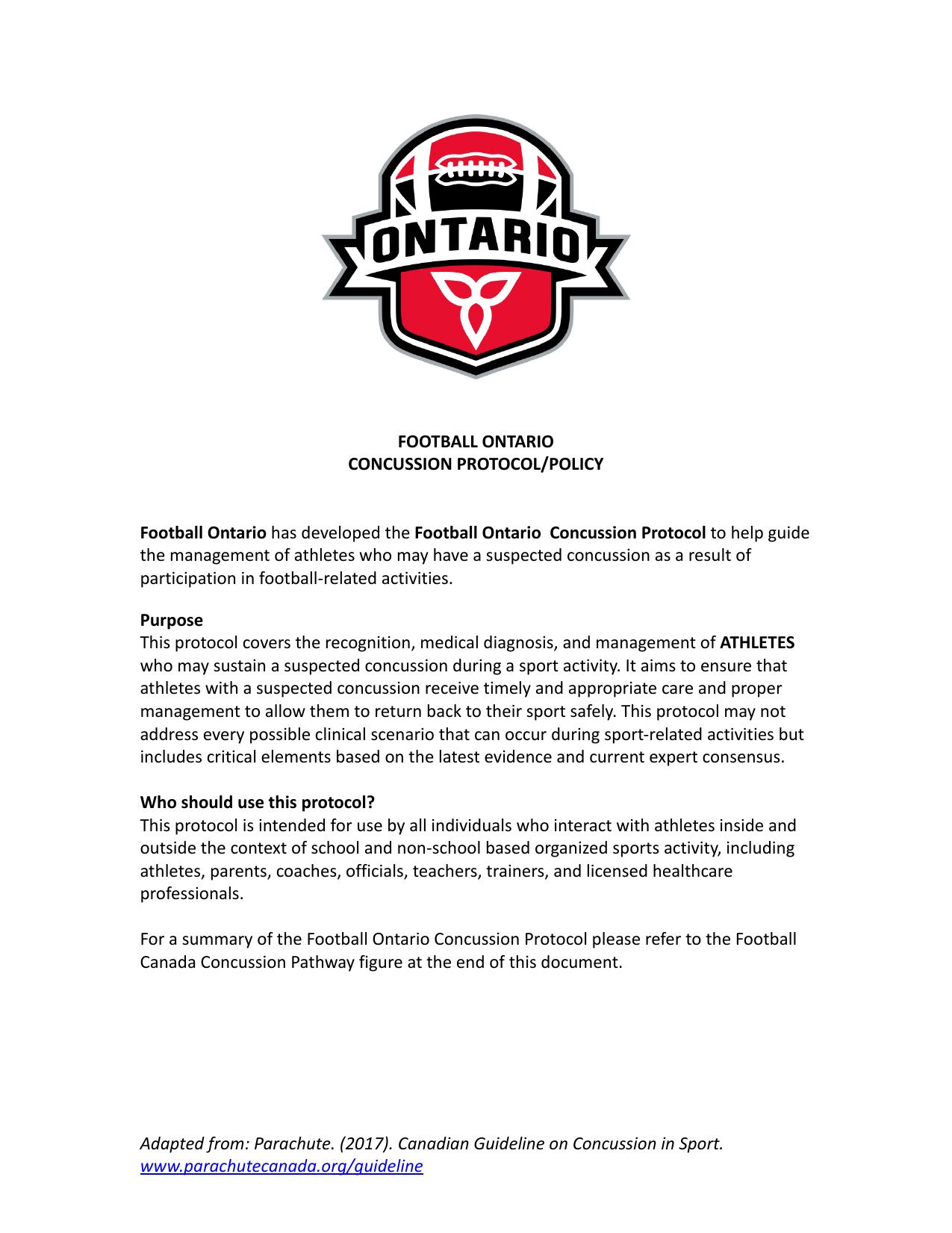Football Ontario Concussion Protocol Policy page 1