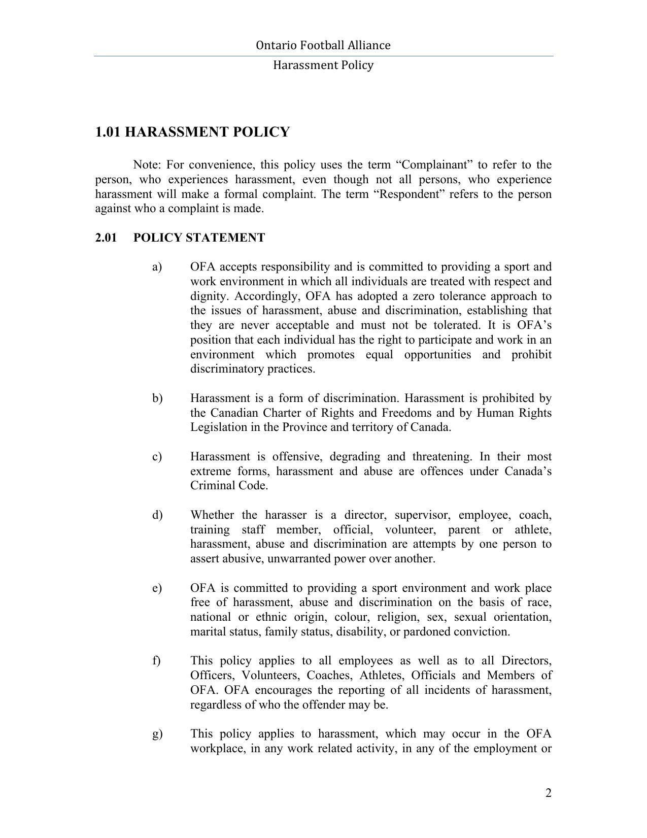 Football Ontario Harassment Policy page 2