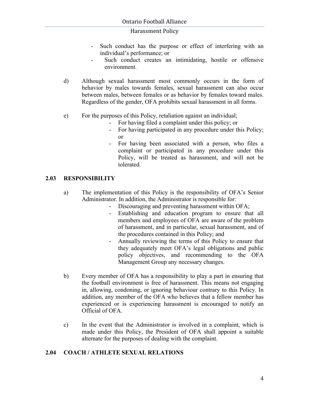 Football Ontario Harassment Policy page 4