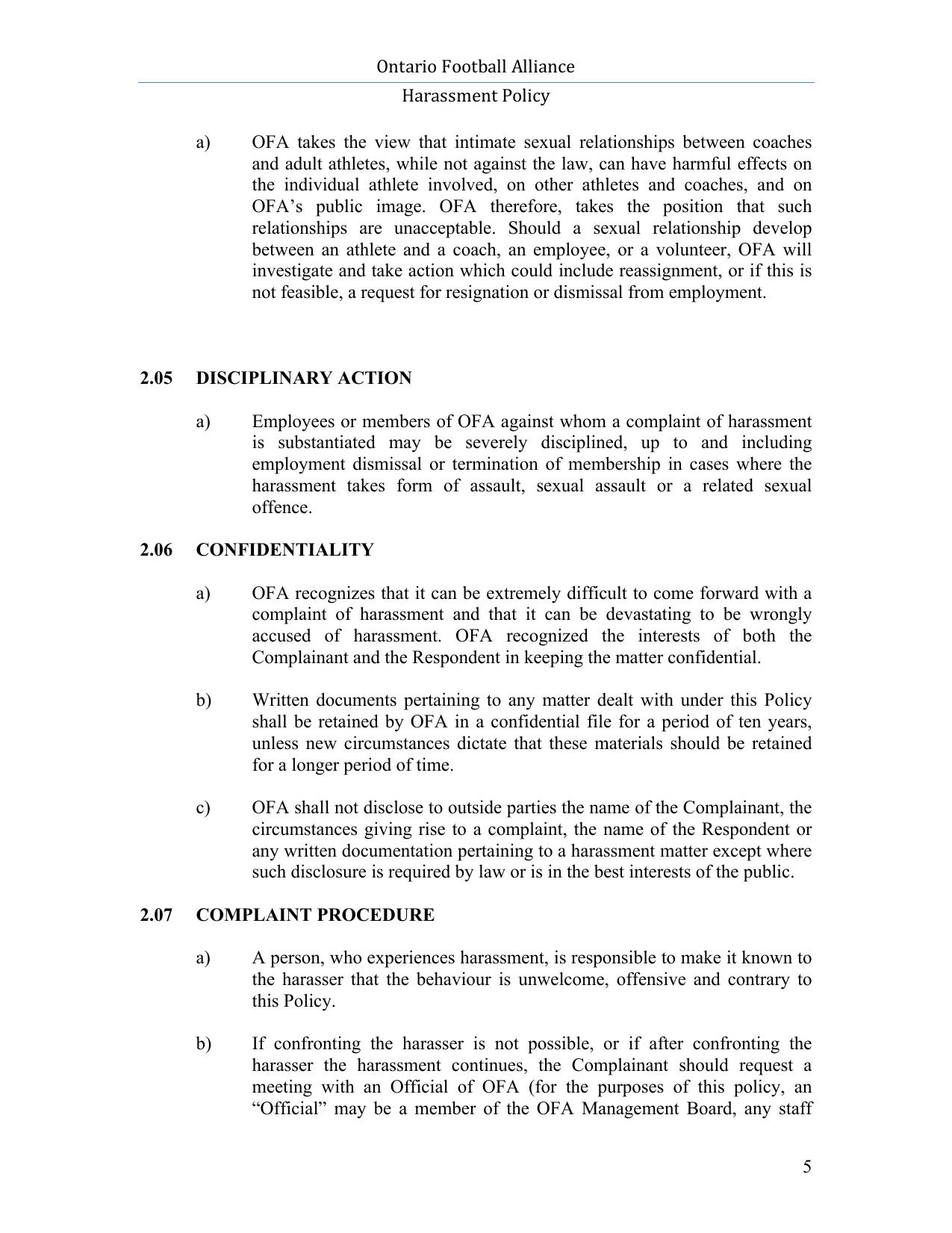Football Ontario Harassment Policy page 5