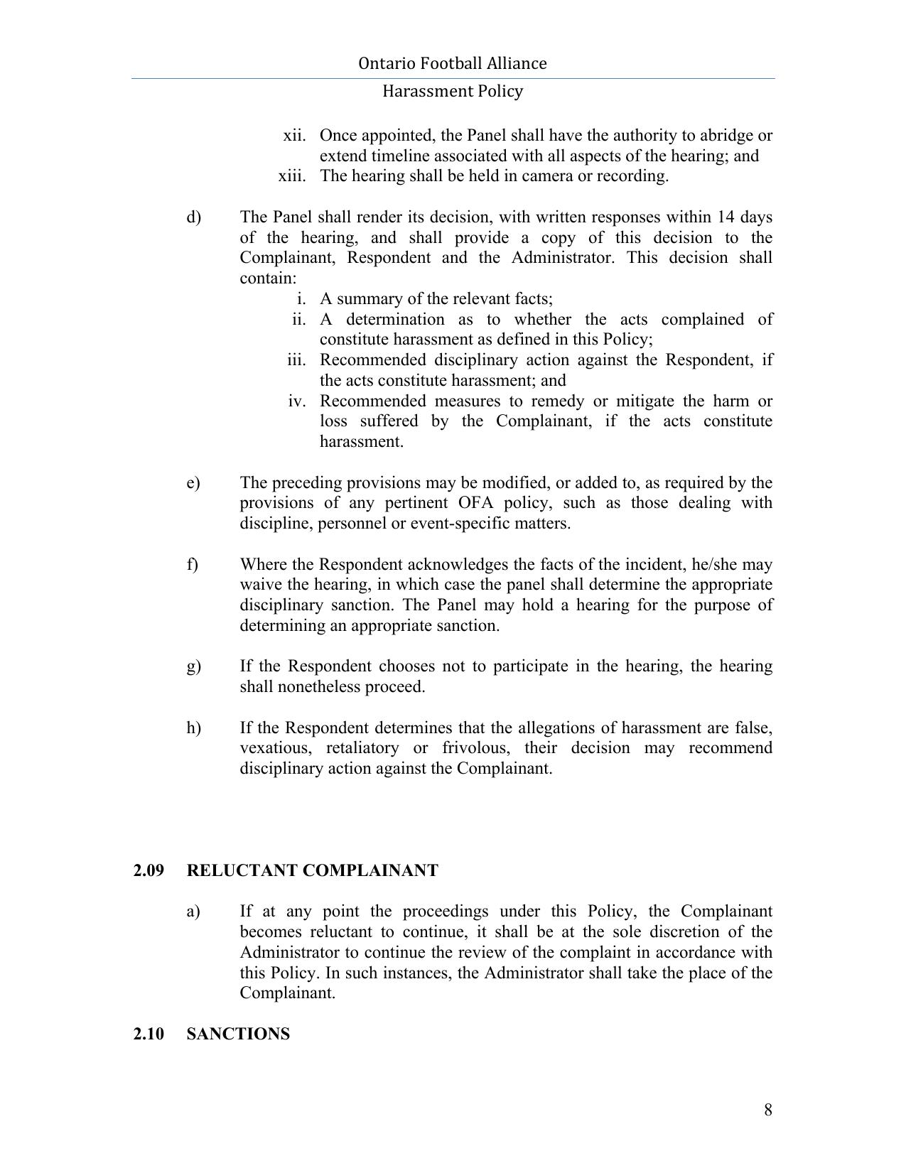 Football Ontario Harassment Policy page 8